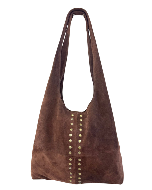 Boho Suede Studded Slouch Bag - Chocolate Row of Studs