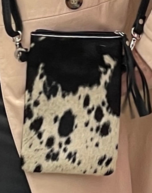 Cowhide Crossbody Phone Pouch - Black & White