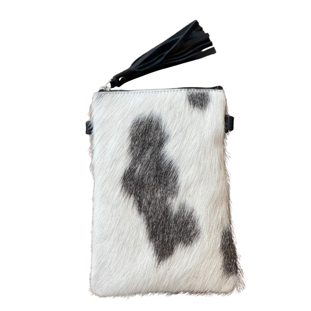 Cowhide Crossbody Phone Pouch - Black & White