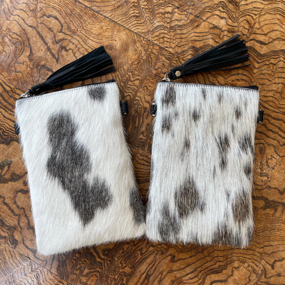Cowhide Crossbody Phone Pouch - Black & White
